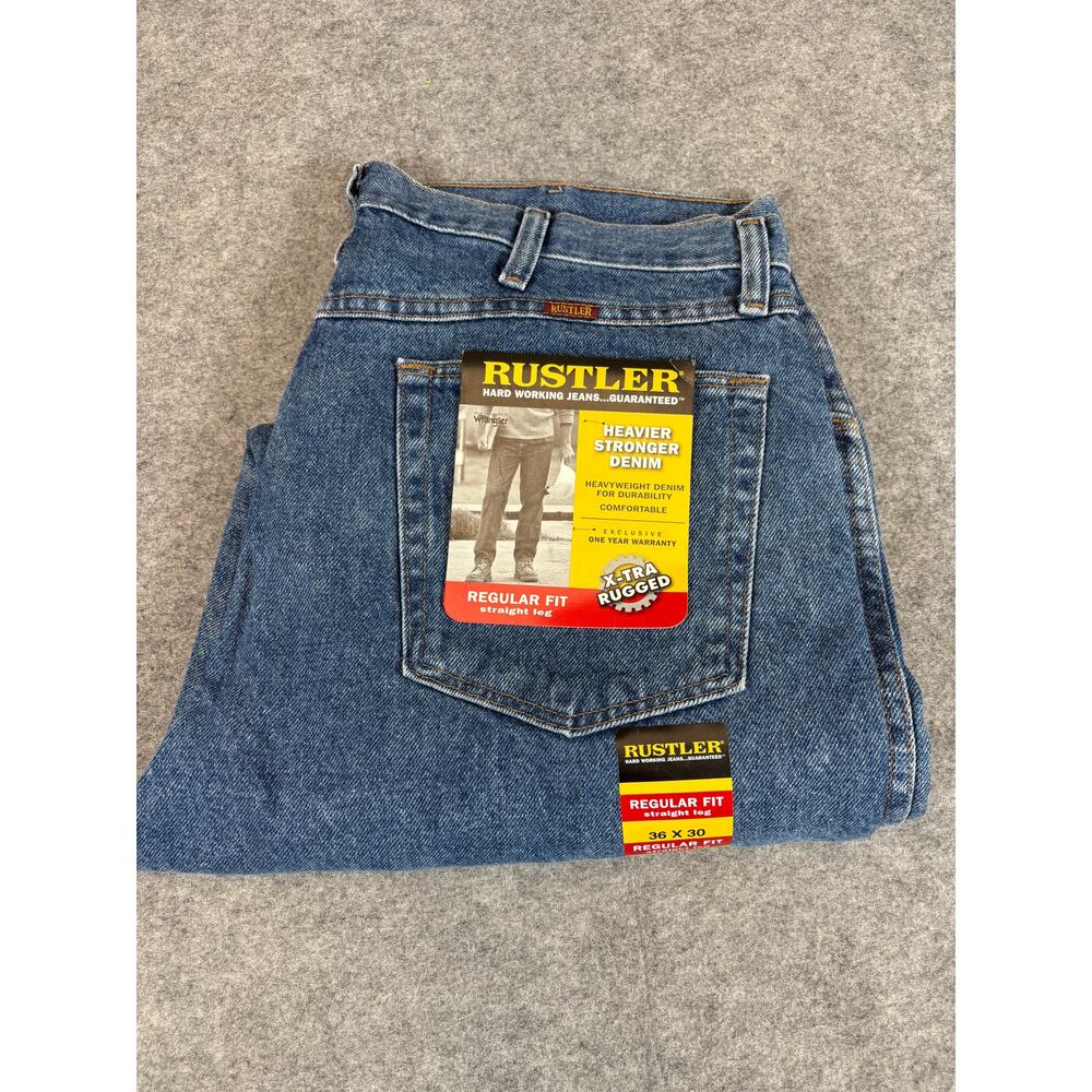 VINTAGE Rustler By Wrangler Jeans Men 36x30 Blue Regular Fit Straight Rugged NWT - Picture 3 of 7